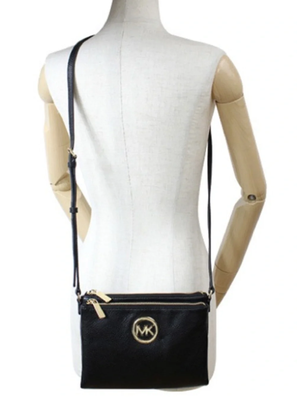Michael Kors Black Leather Crossbody Purse Fulton Pebbled Gold Hardware Bag